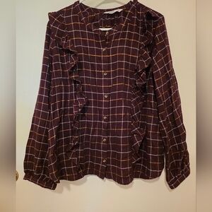 Sonoma Burgundy And Gold Plaid Ruffle Blouse